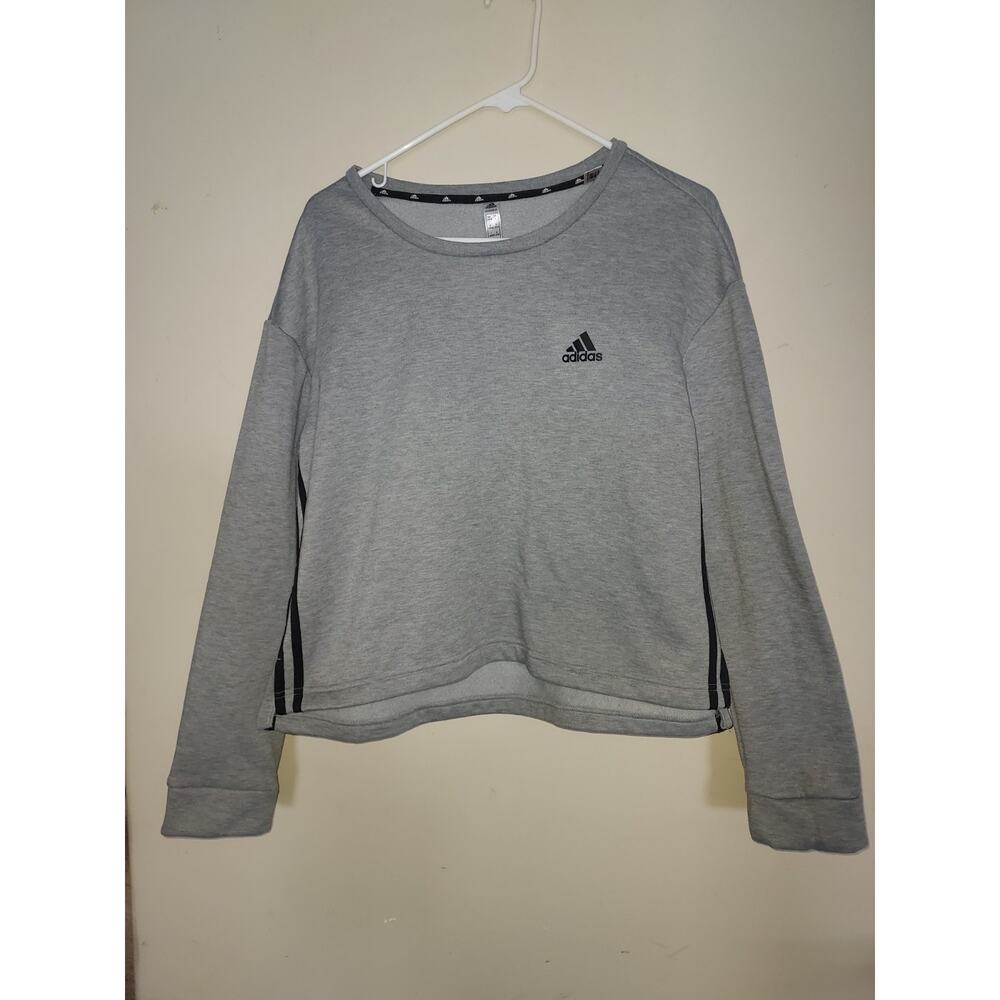Adidas Womens Large Sweatshirt Primegreen Crop Length Gray with 3 Stripes Black